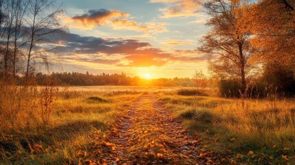A picturesque autumn meadow with a narrow dirt path