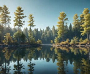 Solarized view of a calm lake with reflections of trees, peaceful, lake