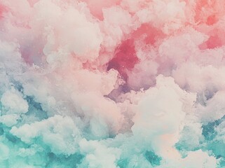 Obraz premium The sky is filled with fluffy clouds, showcasing a beautiful pastel orange and blue hue, accompanied by a multicolored rainbow, creating an abstract fantasy of growing light