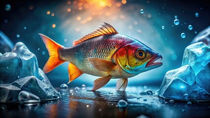 Fototapeta premium Ice Cube Fish Portrait Photography: Stunning Close-Up Aquatic Animal and Frozen Water Still Life