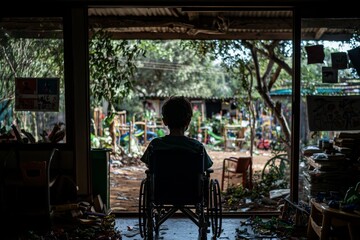 A young boy is seated comfortably in his wheelchair, enveloped by a peaceful atmosphere