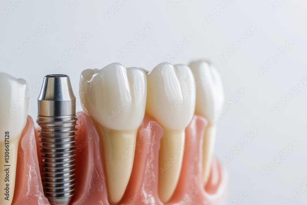 Aufkleber high quality dental implant showcasing intricate metal texture on smooth white background with space