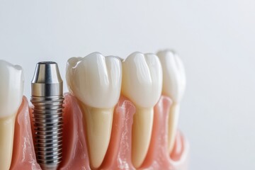 High quality dental implant showcasing intricate metal texture on smooth white background with space for additional information Generative AI