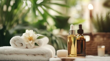 Relaxing spa treatment with essential oils serene greenery photography calm environment close-up view wellness concept
