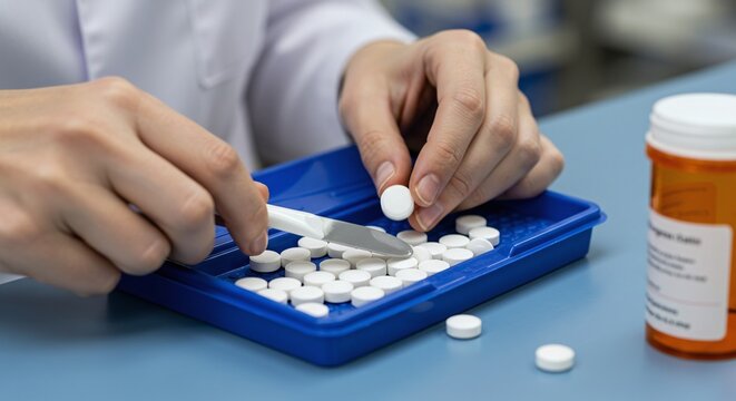 A pharmacist meticulously counts white pills using a blue pill counter tray, ensuring accurate medication dispensing in a professional pharmaceutical environment.