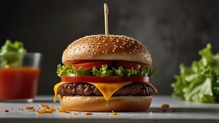 "Juicy Gourmet Burger with Fresh Lettuce, Tomato, and Sesame Bun &ndash; Ultimate Burger Delight"