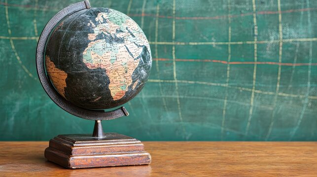 Vintage globe on wooden desk, green chalkboard background; education, geography concept