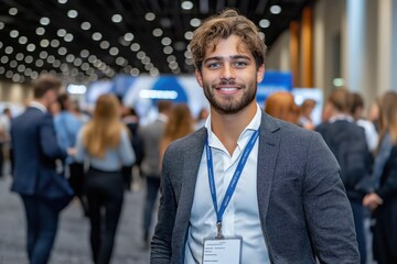 Young professional student engages with recruiters at a bustling career fair event showcasing various companies