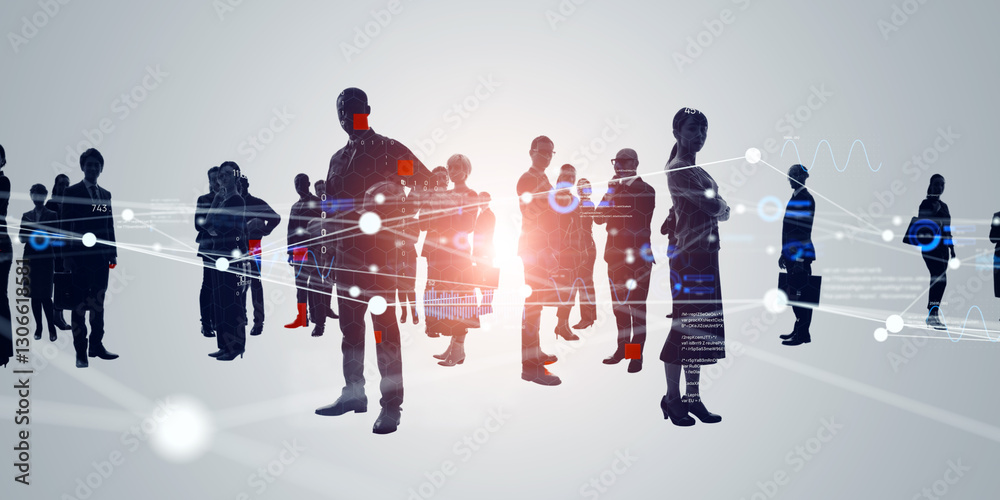 Poster multinational group of people and digital network concept visual