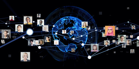 Multinational group of people and global network concept visual
