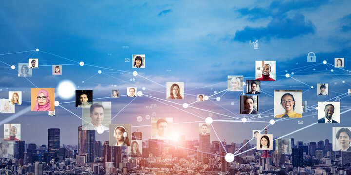 多国籍の人々のグループと通信ネットワークのコンセプトビジュアル