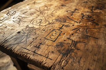 Fototapeta premium Engraved wooden surface showcases intricate markings and texture