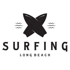 surfing logo with vintage paddle board beach waves, for business, sport, adventure, tourism, vacation