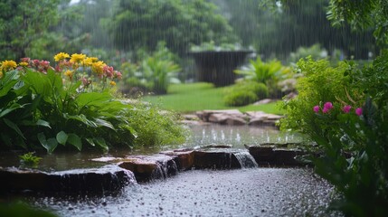 Fototapeta premium A rainy garden bursts with life, as water and lush