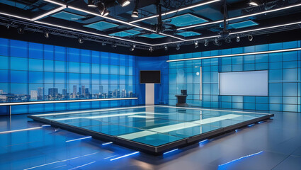 Room Studio, Backdrop For TV Shows .TV On Wall.3D Virtual News Studio Background, 3d illustration