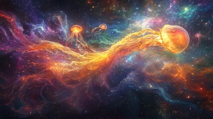 Glowing jellyfish drifting through cosmic waters, ethereal tendrils trailing stardust, peaceful and majestic, fantasy art, ultra-detailed, 8k