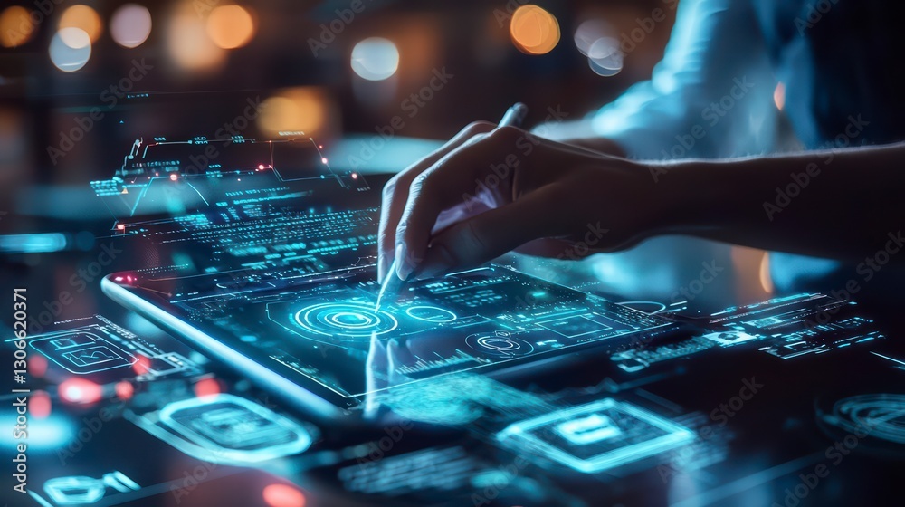 Poster digital interface: futuristic digital interface with human interaction, emphasizing technology's ble