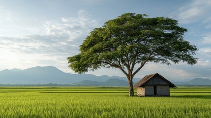 Obraz premium Farmer cultivating rice in a lush asian field country landscape scenic viewpoint tranquil environment