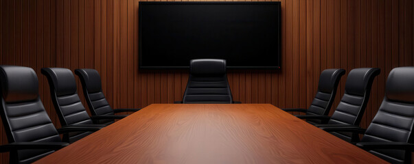Modern boardroom with a wooden table and black leather chairs, 3D render.