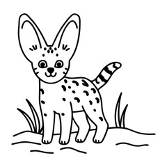 Cute serval kitten illustration with large ears and spots, playful african wild cat in black and white
