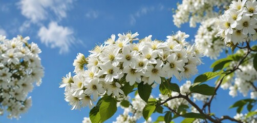 Stunning white chestnut flowers against a perfect blue sky, picturesque, vivid, scenic, outdoor photography, tranquil scene