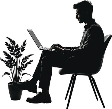 recommend clip art: Silhouette of a man working on a laptop in a comfortable chair.