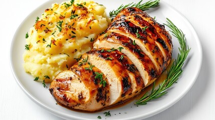 Sliced Roasted Chicken Breast Served With Mashed Potatoes And Herbs