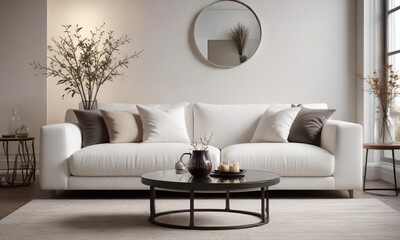 Stylish white sofa featuring an array of plush pillows and a glass vase with minimalistic twig decoration on a round coffee table, sophisticated living room, cozy atmosphere, trendy decor