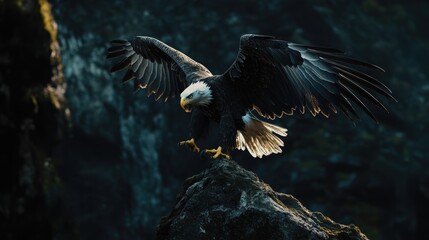 A majestic bald eagle perched on a rocky mountaintop with outstretched wings