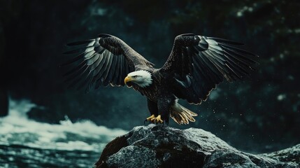 Fototapeta premium A majestic eagle perched on a rock with outstretched wings