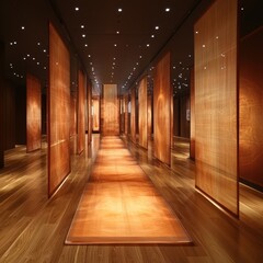 Fototapeta premium The room features numerous rustic wooden walls, each showcasing unique grain patterns. Soft, warm lights illuminate the space, creating a cozy and inviting atmosphere.