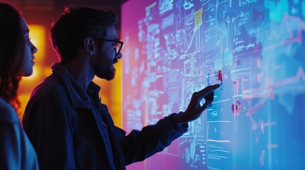 Visionary Collaboration: Two professionals intently analyze a vibrant, complex data visualization, immersed in the luminous glow of projected information, signifying innovation and progress. 