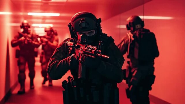 A tactical team moves through a dimly lit space. They prepare for a covert operation. The atmosphere is tense and focused. Red lighting enhances the urgency. Generative AI