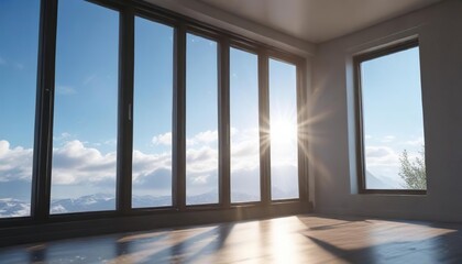 Obraz premium Sunlight filtering through window onto blue sky outside, sunbeam, glow, warmth