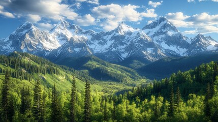 Obraz premium Majestic snow-capped peaks overlook lush valley