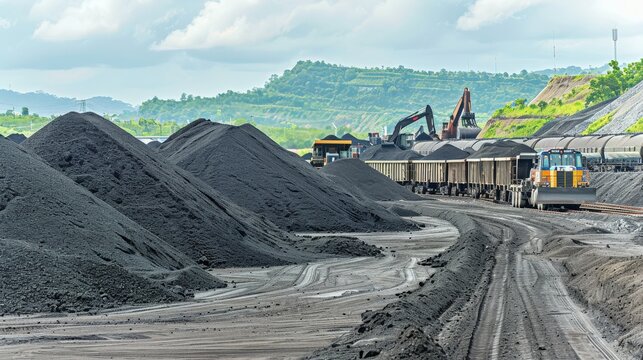 Massive Coal Storage Yard with Towering Black Piles and Dozers
