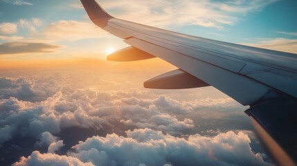 Obraz premium Sunset view from an airplane wing above clouds during a tranquil evening journey Generative AI