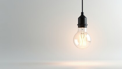 Single Illuminated Vintage Edison Light Bulb Hanging on White Background