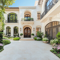 Naklejka premium A luxurious estate in a private gated community, featuring a grand entrance, lush landscaping, and an elegant stone facade illuminated by bright midday sunlight. Ideal for upscale real estate and mark