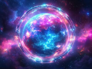 Obraz premium Craft a gigantic, luminescent orb suspended in the cosmic abyss, radiating vivid space hues, encased by celestial hoops, science fiction, ultra-realistic digital illustration