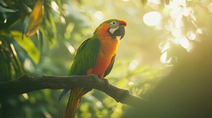 Obraz premium A colorful parrot sits perched on a tree branch in sunlight