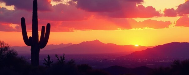 Majestic saguaro silhouette against Phoenix skyline, Camelback backdrop, sun, desert, landscape