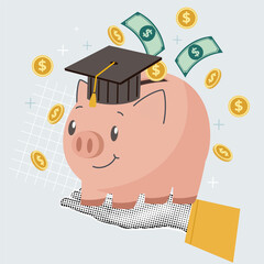 Vector illustration of a piggy bank wearing a graduation cap with falling coins and banknotes, a concept for education savings and student financial planning.