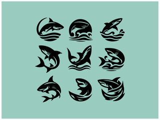 Shark logo collection: Nine powerful vector designs for branding. A collection of nine stylized shark logos, set against a muted teal background.