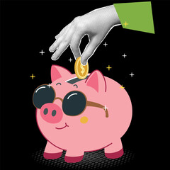 Vector illustration of a pink piggy bank in sunglasses with a stylized hand inserting a gold coin, a concept for savings, investment, and financial growth.