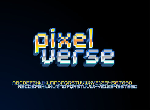 modern pixel verse game text effect in 3d glossy neon style