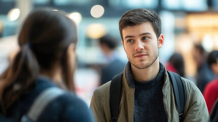 Fototapeta premium Focused university student engages with recruiter at networking event surrounded by booths and professionals