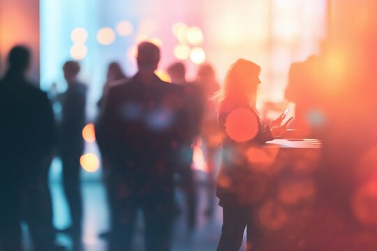 Corporate networking event features professionals exchanging ideas and business cards in a vibrant atmosphere