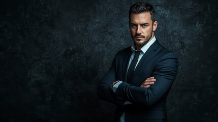 Confident Executive: A charismatic businessman in a tailored suit exudes confidence, gazing intently with arms crossed against a textured dark backdrop.