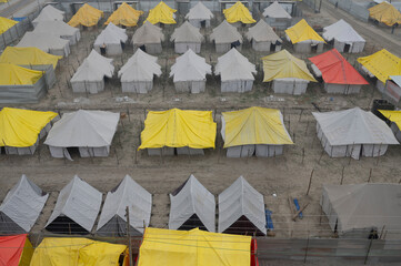 Prayagraj,India-6 January 2025 Colourful plastic and canvas tents are built to house Hindu devotees...